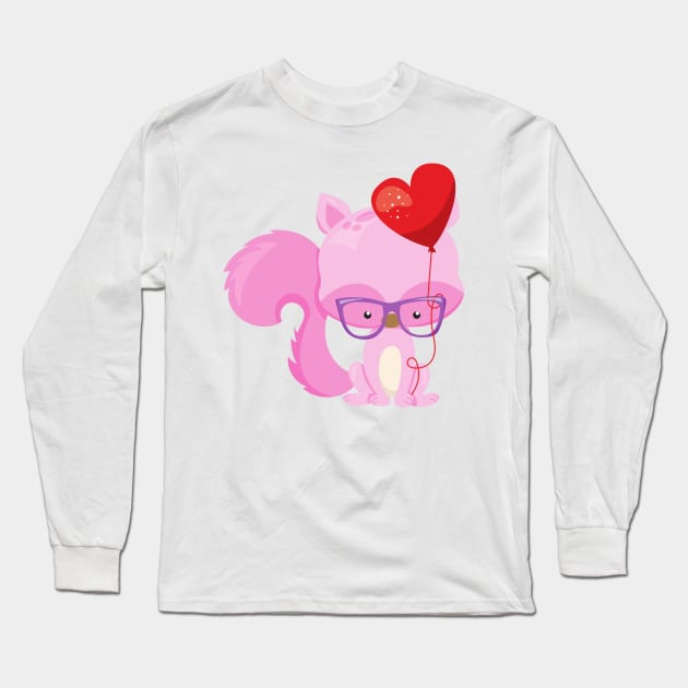 Valentine's Day Squirrel, Pink Squirrel, Glasses Long Sleeve T-Shirt by Jelena Dunčević